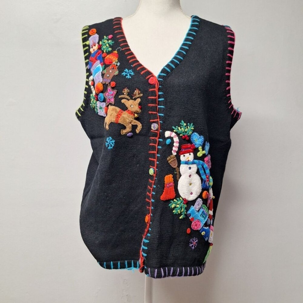Quacker Factory Christmas Vest Bells Large Embelished Sweater Knit Embroidered